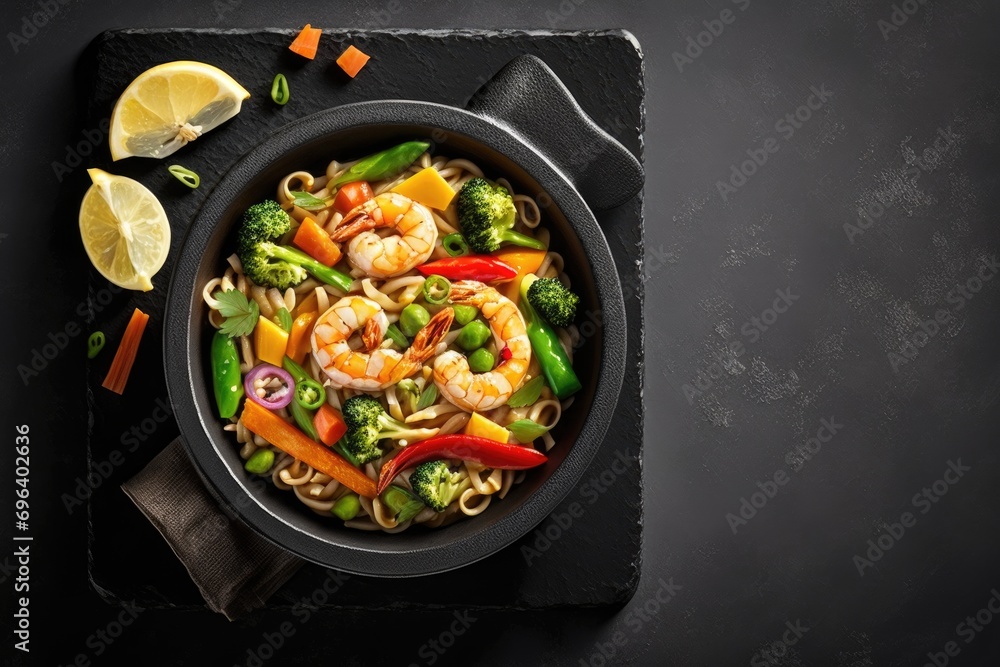 Stir fry noodles with shrimps and vegetables in black bowl on black background