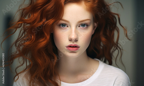 Surreal Portrait of a Young Woman with Lush Red Hair and Porcelain Skin