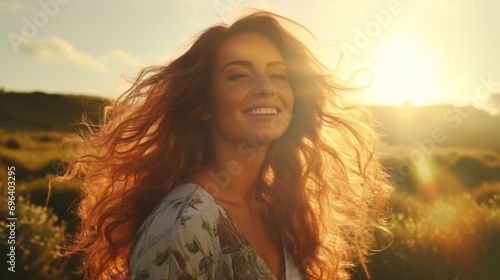 Young happy smiling woman standing in a field with sun shining through her hair © rojar deved