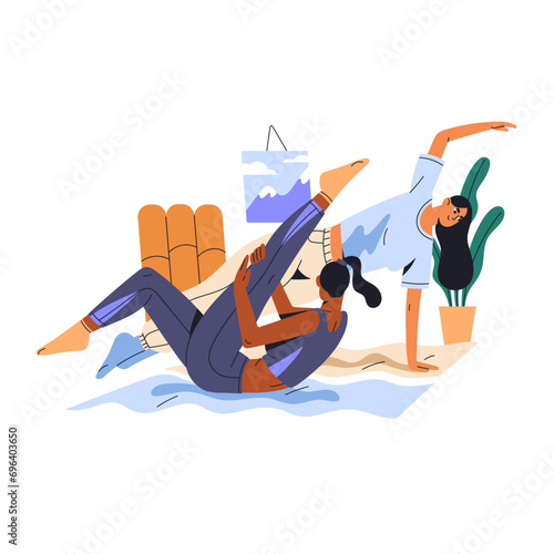Two girls practice yoga asanas in the sport class, gym. People training body balance, stretching. Young women go fitness, home workout together. Flat isolated vector illustration on white background