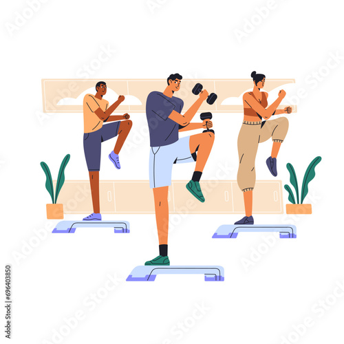 Fitness group practices cardio workout in sport class. People engage step training, pilates. Sporty man, coach with dumbbell goes bench aerobics. Flat isolated vector illustration on white background