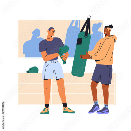 Box sportsman in boxing gloves training with punching bag. Professional sport trainer helps, supports boxer. Friends do workout in gym together. Flat isolated vector illustration on white background