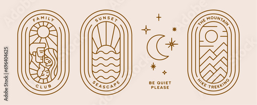Set of minimalist line art logo template. Simple modern design line graphic badge for brand. Landscape sun sea wave mountain hill, family symbol. Collection vintage line icon sign. Vector Illustration