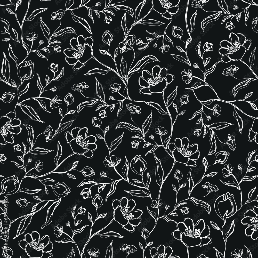 seamless pattern with one line flowers and leaves, black and white ...