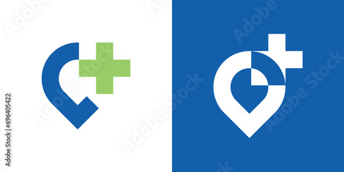 logo design combination of pin map shape with plus sign, medical logo, icon, vector, symbol.