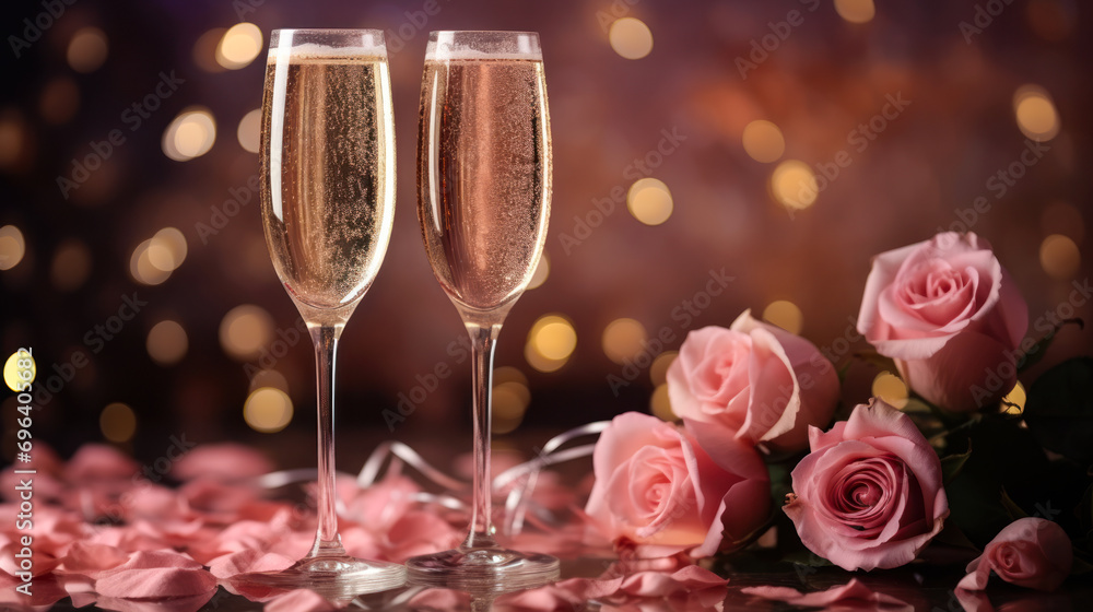 Love with champagne glasses and roses on shimmering bokeh backdrop Love with champagne glasses and roses on shimmering bokeh backdrop