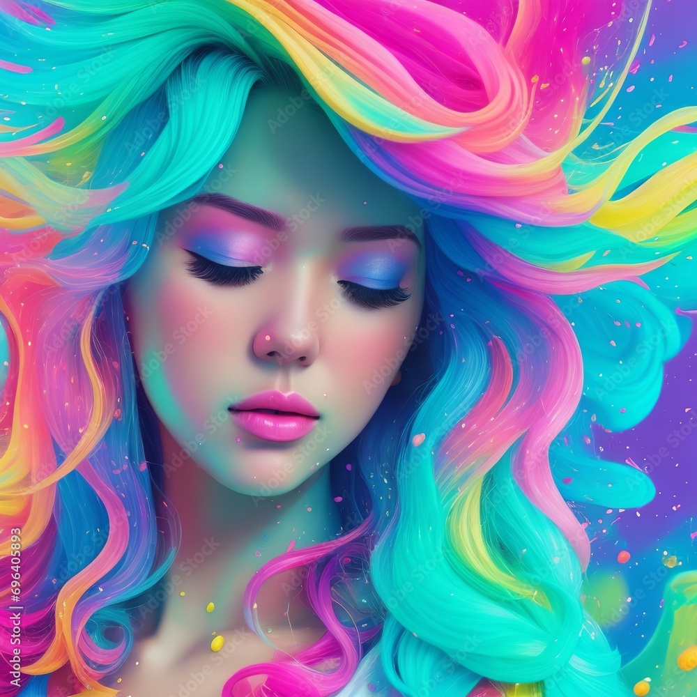 Portrait of a woman with colorful hair and a multicolored background