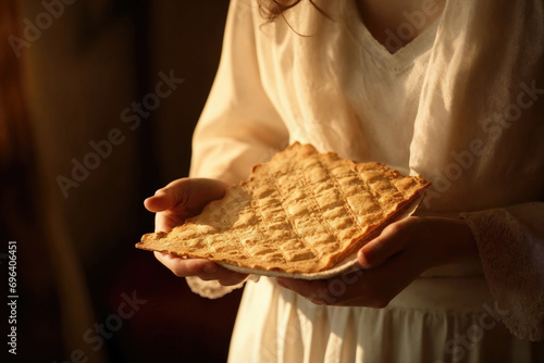 Generative AI image of hands holding matzah for Passover photo