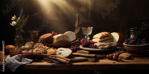Generative AI image of Passover celebration table setting photo