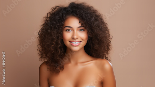 International Women day, 8 March, Confident woman, Tender charming happy curly woman has relaxed joyful face expression, poses against beige background, blank space, nude , clear body