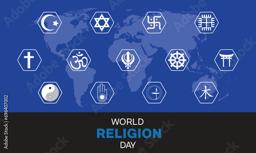 World Religion Day design. It features symbol of major religion with world map in the background. Vector illustration