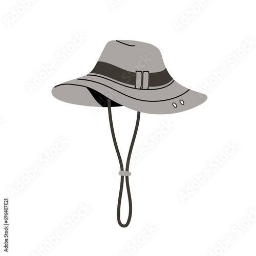 Fishing cap, panama or bucket hat with strings. Head accessory for camping in forest, mountain. Hunter headwear, hiking clothes protect from UV. Flat isolated vector illustration on white background