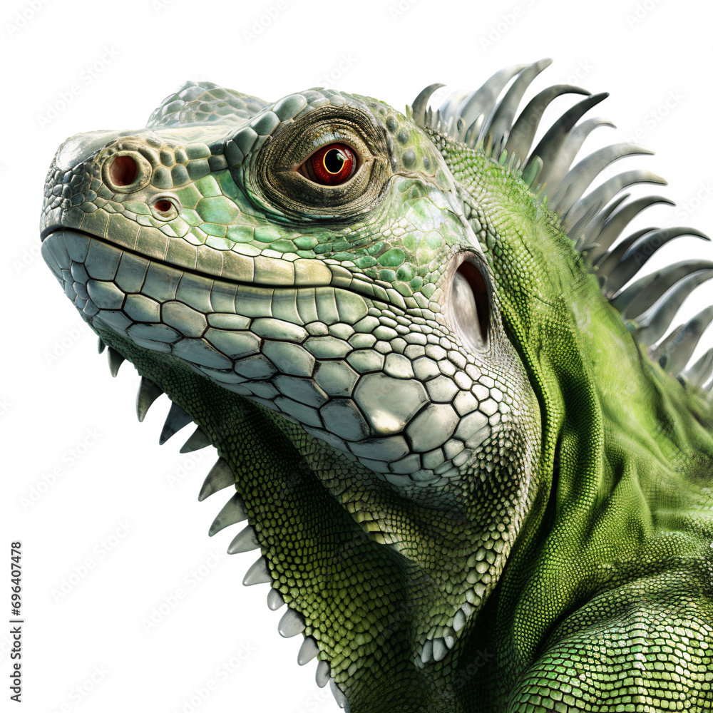 Fototapeta premium Green iguana close-up isolated on white, transparent background