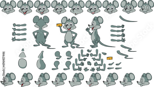 Vector cartoon style rat, mouse character for animation. Different emotions, gestures and poses. Isolated vector illustration.