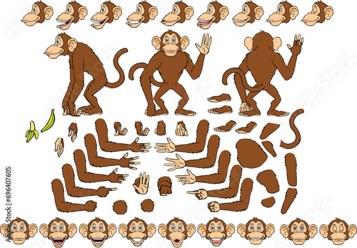 Vector cartoon style monkey character for animation. Different emotions, gestures and poses. Isolated vector illustration.