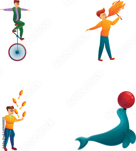 Circus performer icons set cartoon vector. Juggler, unicycle artist and fakir. Amusement, show