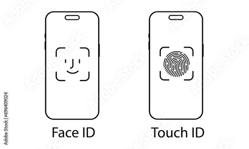 Tap ID and the Face ID icon on mobile devices. Vector linear illustration. Face scanning process. Linear facial recognition symbols. Face recognition. Biometric verification, new facial recognition te