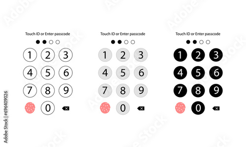 Collection of keyboard with password and finger scanner button. pin code security pass input field. vector eps10