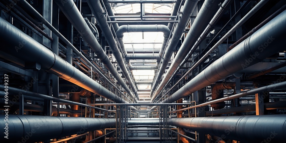 Elevated view of a maze-like structure of pipes in a sophisticated industrial plant , concept of Mechanical network Elevated view of a maze-like structure of pipes in a sophisticated industrial plant , concept of Mechanical network