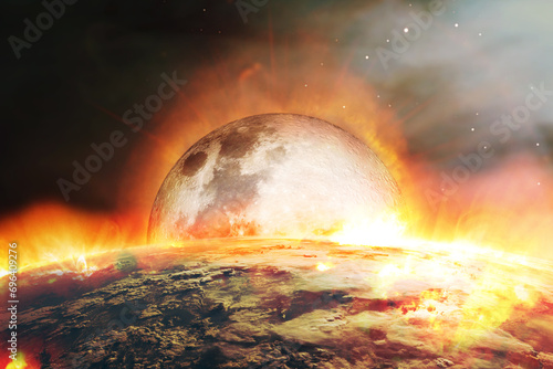 Fototapeta Naklejka Na Ścianę i Meble -  Apocalyptic abstract background with Moon fall and burning Earth . Elements of this image furnished by NASA.