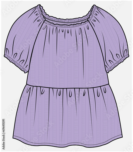BALLON SLEEVES OFF SHOULDER TOP WITH PEPLUM DETAIL DESIGNED FOR TEEN AND KID GIRLS IN VECTOR ILLUSTRATION FILE