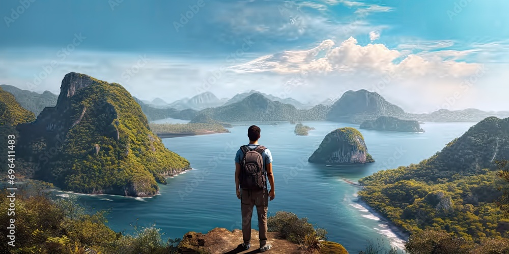 Journey through breathtaking landscapes of asia. Turquoise sea beneath vibrant sky creating stunning backdrop for adventures. Lone traveler with backpack stands on rocky gazing out at ocean