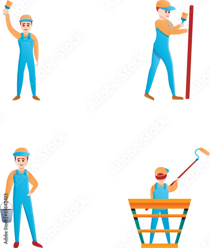 Man painter icons set cartoon vector. Repairman during painting work. Painting service, interior and exterior restoration