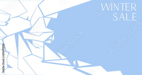 Cracked ice horizontal banner with a space for text from right hand site. Ice white puzzle pieces around light blue ice hole. Damaged ice layout template. Mega winter sale offer poster. Vector.