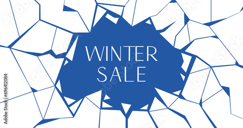 Cracked ice horizontal banner with a space for text in the middle. Ice dark blue puzzle pieces around ice hole. Damaged ice layout template. Mega winter sale offer poster. Vector.