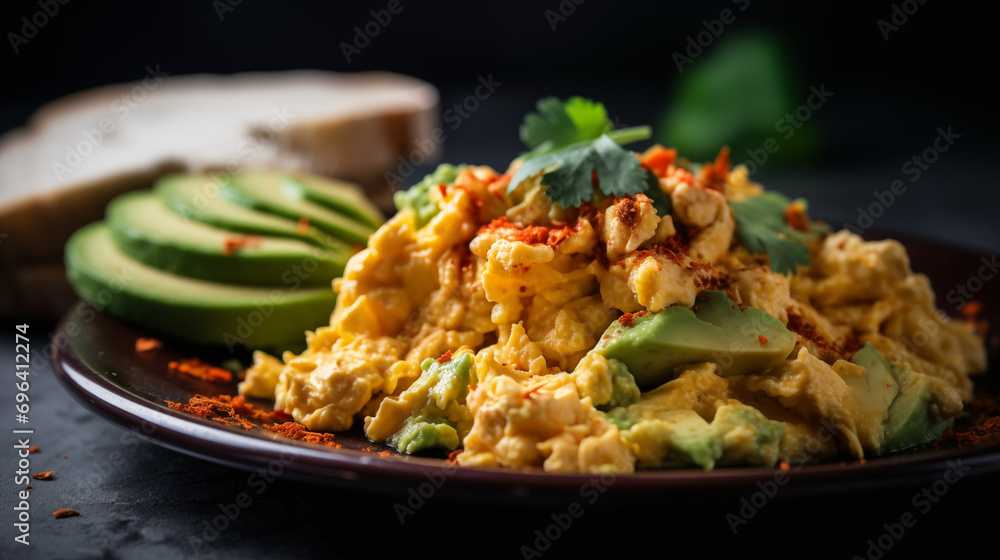 Scrambled egg with avocado and chili gastro photography about a perfect breakfast for healthy lifestyle