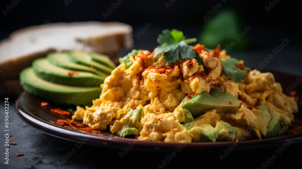 Scrambled egg with avocado and chili gastro photography about a perfect breakfast for healthy lifestyle Scrambled egg with avocado and chili gastro photography about a perfect breakfast for healthy lifestyle