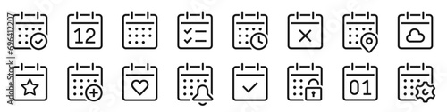 Calendar icons collection set. Simple calendar with clock, progress bar, map point, reminder, security. Schedule line style - stock vector.