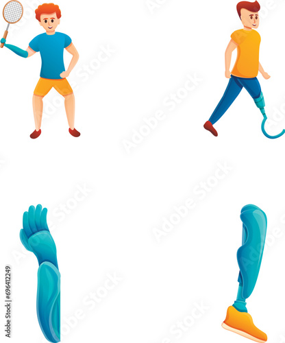 Disabled person icons set cartoon vector. Man with prosthesis play sport. Bionics, biomechatronics