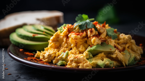 Scrambled egg with avocado and chili gastro photography about a perfect breakfast for healthy lifestyle photo