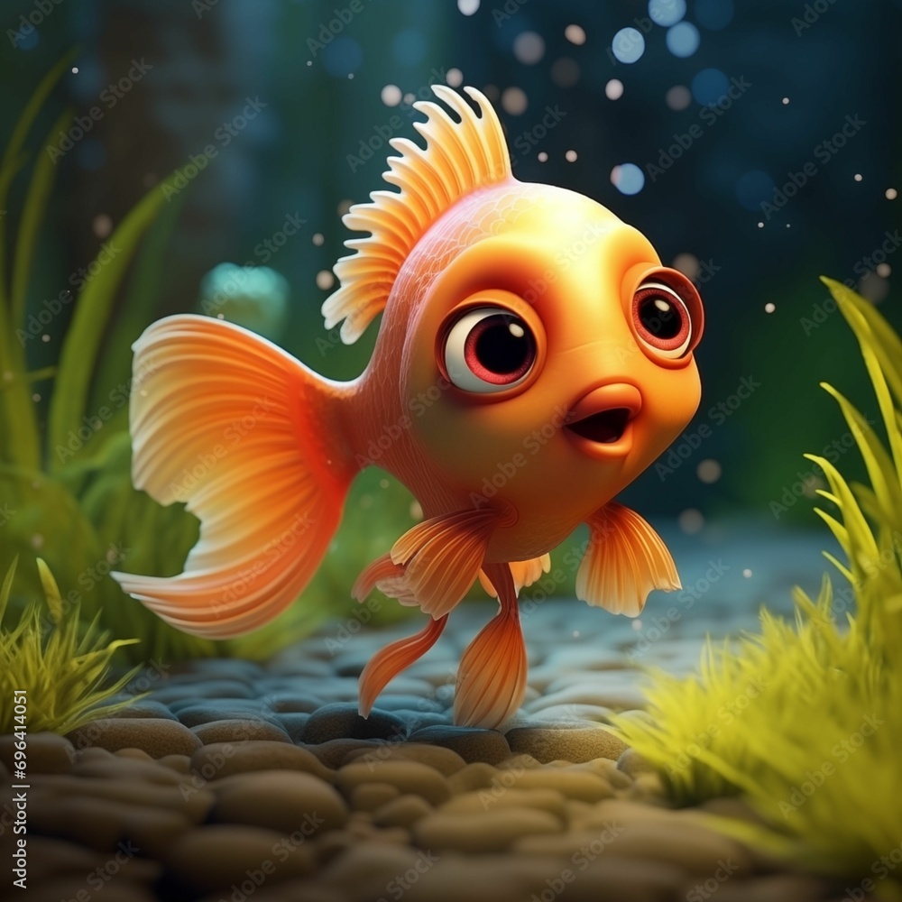 Cute 3D goldfish in aquarium