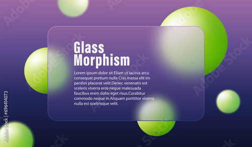Green spheres and transparent rectangular glass banner. Dark glass morphism background with space for text.