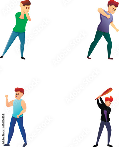 Aggression icons set cartoon vector. Abuser and victim. Social issues, abuse and violence