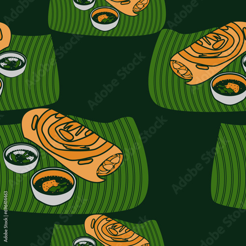 Editable Dark Background Top Side View Indian Masala Dosa With Chutney and Sambar on Banana Leaf Vector Illustration Seamless Pattern for Cuisine Related Design With South Asian Culture and Tradition