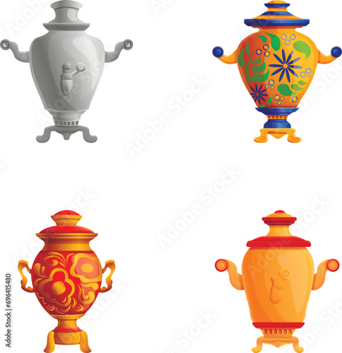 Various samovar icons set cartoon vector. Hot drink production equipment. Traditional russian samovar