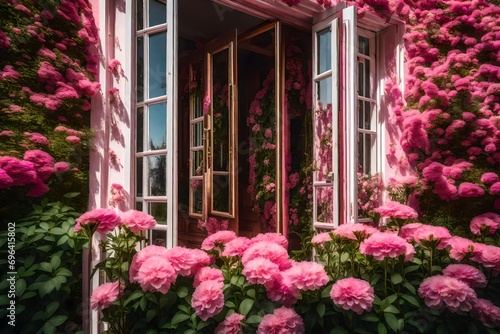 pink flowers surrounding french door.