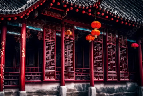 **infrared photography of traditional chinese building's window.