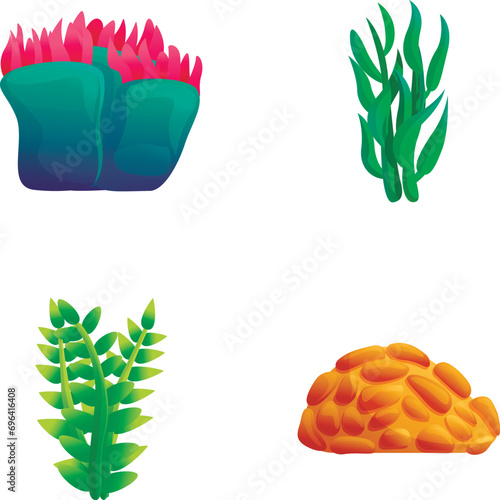 Seaweed icons set cartoon vector. Various colorful algae and coral. Underwater world