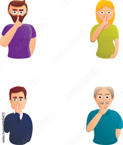 Secret icons set cartoon vector. Man and woman keep finger on lips. Demonstrate silence sign, secret