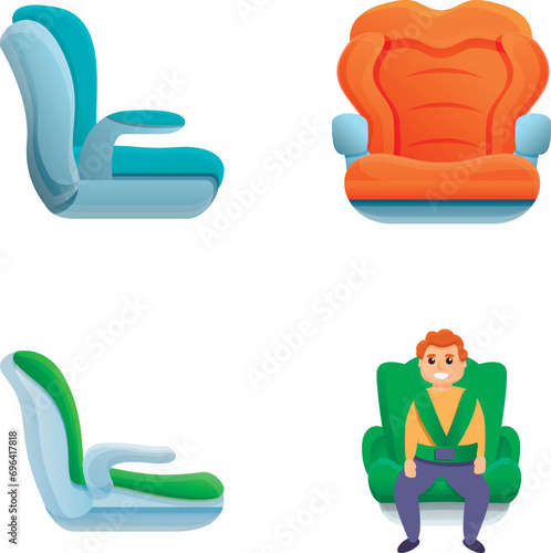 Car seat icons set cartoon vector. Different type of child restraint. Safety concept