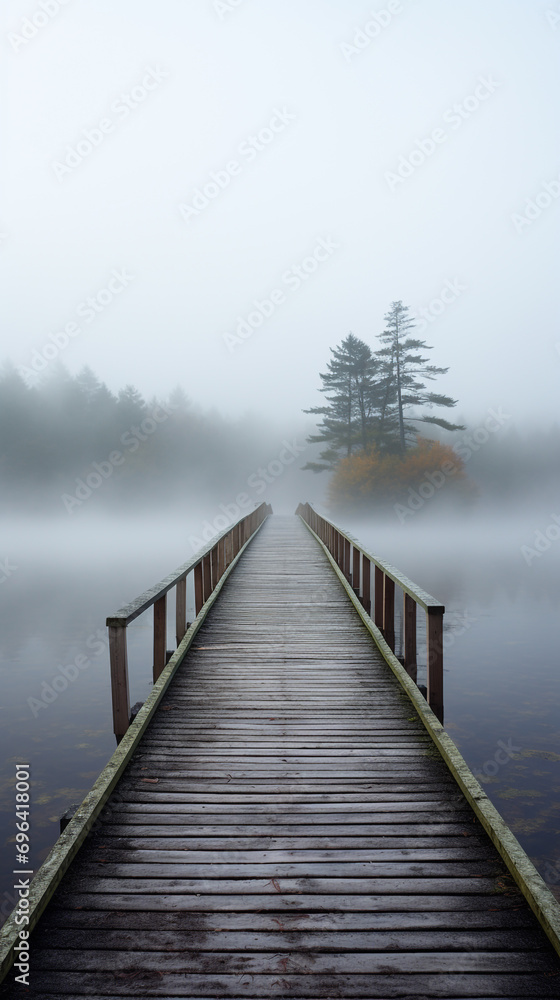Wooden walkway on a foggy lake