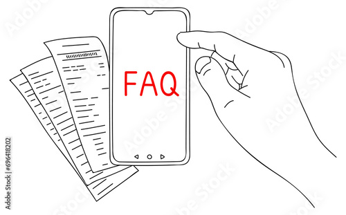 FAQ. Message on smartphone display. Help for business and entertainment. Modern problems and solutions. Sketch in minimalist style. Editable hand drawn contour. Vector