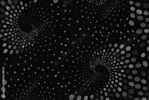 Digital black and white dots wave halftone spiral textured background