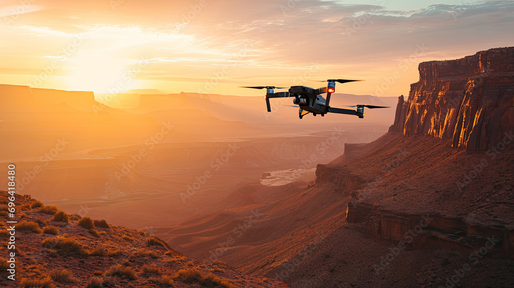Drone in flight over a scenic landscape