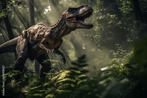 close-up of dinosaur T-Rex hunting in tense forest  © Reischi
