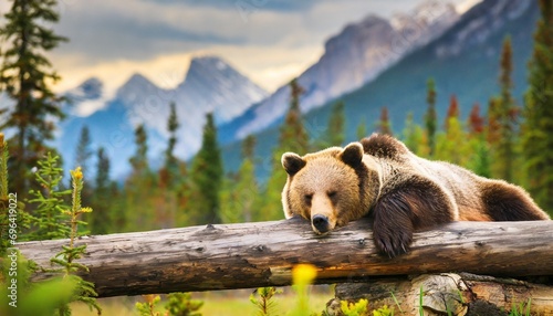 wild grizzly bear sleeping on a log in banff national park in the canadian rocky mountains